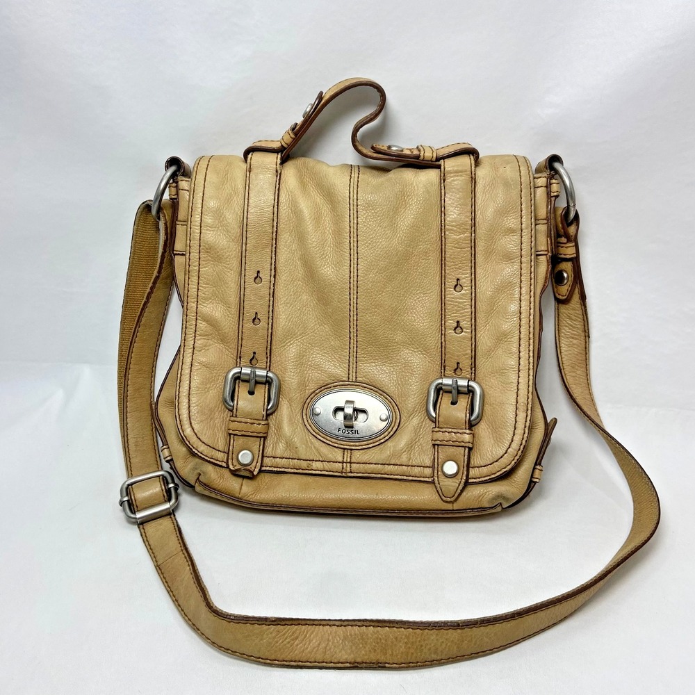 VTG Fossil Maddox Distressed Light Brown Leather Crossbody Messenger Bag